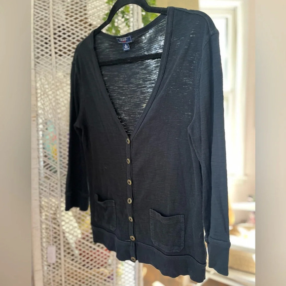 Chaps Size Medium 100% Cotton Button Up Black V Neck Long Sleeve Preppy Cardigan - Picture 10 of 10